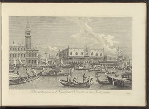 Gezicht op het Canal Grande te Venetië met de Bucintoro van de doge Bucentaurus i Nundinae Venetae w dniu Wniebowstąpienia (tytuł na obiekcie) Najsłynniejsze widoki Wenecji z 38 paneli Antoniusa Canal, częściowo wydrukowane na antenie przez Antonio Vissent autorstwa Antonio Visentini