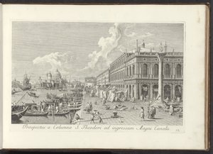 Hoek van het San Marcoplein met de Biblioteca Marciana Widok z kolumny św. Teodora na wejście do Canal Grande (tytuł na obiekcie) Najsłynniejsze widoki Wenecji, z 38 paneli Antoniusa Canal z mosiądzu, wydrukowane przez Antonio Vissentiniego w częściach t autorstwa Antonio Visentini