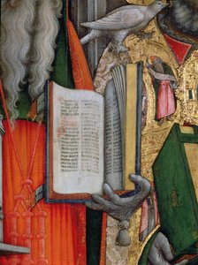 Biblia św. Jerome i gołębica św. Grzegorza, fragment lewego panelu z Dziewicy na tronie ze świętymi Hieronima, Grzegorzem, Ambrożym i Augustynem, 1446 olej na płótnie po renowacji patrz 160893-99