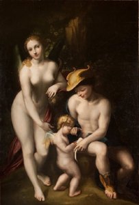 Wenus z Merkurym i Kupidynem, Szkoła miłości, Antonio da Correggio, wystawiona w zamku Chenonceau. autorstwa Antonio da Correggio