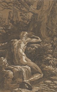 Mężczyzna siedzący widziany zza Narcyza, ok. godz. 1527-30. autorstwa Antonio da Trento