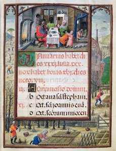 Styczeń, miniatury z „Księgi Godzin Dom Manuela”, 1517-38 (tempera na welinie) autorstwa Antonio de Hollanda