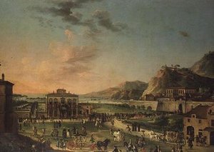 Panorama capriccio z podróży Karola III, króla Obojga Sycylii, od jego willi w Portici do Palazzo Farnese w Rzymie autorstwa Antonio de dipi (attr. to) Joli