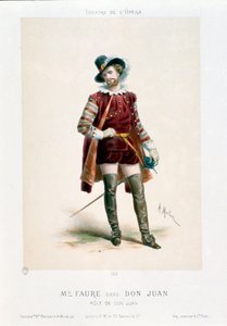 Wokalista Jean-Baptiste (Jean Baptiste) Faure (1830-1914) wykonujący Don Giovanniego (Don Juan) w operze o tym samym tytule Wolfganga Amadeusza Mozarta (1756-1791) podczas występu w Teatrze Operowym w Paryżu. Litografia Antony Morlona (1834-1914) Colle