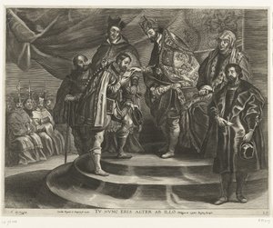 Troonsafsand van Karel V; incht van Ferdinand te Gent w 1635 (blad 25) Karol ogołocił się z Królestwa i Cesarstwa / Teraz będziesz po nim drugi / Filip II odbiera królestwo ojcu (tytuł na obiekcie) autorstwa Antony van der Does
