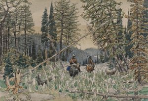 Myśliwi na koniach w sosnowym lesie autorstwa Apollinari Mikhailovich Vasnetsov