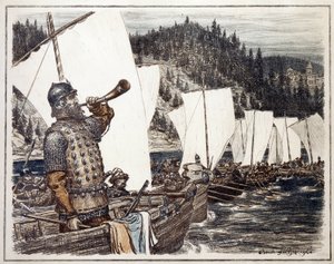 Jermak Timofiejewicz (ok. 1540-1585) nad rzeką Irtysz. (Jermak Timofiejewicz nad Irtyszem). Epizod eksploracji i podboju Syberii, 1583. Praca Appolinariego Mikhaylovicha Vasnetsova (1856-1933), litografia 1916. Sztuka rosyjska, XX