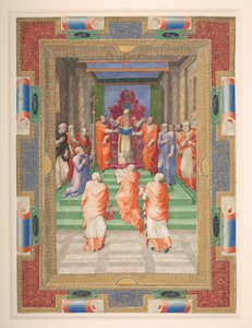 Papieska ceremonia, Paweł IV staje przed papieskim tronem, Add. MS 35254 Q, ok. 1555-59 (welum) autorstwa Apollonio di Bonfratelli