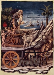 Triumf Czasu, rydwan Czasu ciągnięty przez jelenia, miniatura Apollonio di Giovanni (1415 lub 1417-ca 1465) z Triumphs, poemat alegoryczny Francesco Petrarca (1304-1374), rękopis 1129, folio 42, verso, Włochy