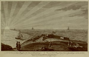 Grupa żołnierzy spoczywa na szczycie wzgórza na pierwszym planie, a za nim Fort Royal, żaglowce i słońce zachodzące w morzu w tle autorstwa Archibald (after) Campbell