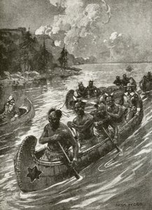Samuel De Champlain w 1608 r. wspinał się po rzece Świętego Wawrzyńca w kajakach przyjaznych rdzennych Indian amerykańskich (lito) autorstwa Archibald Bertram (after) Webb