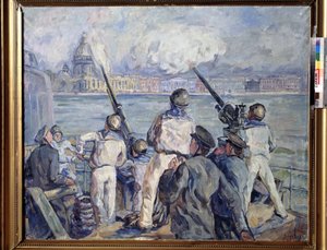 La Defense de Sebastopol (Obrona Sewastopola). Epizod II wojny światowej (1939-1945): panorama miasta Krym z rosyjskiego okrętu wojskowego, którego marynarze uzbroją w karabin maszynowy niemieckiego oblężnika (oblężenie 1941-1942). Malarstwo autorstwa Aris autorstwa Aristarkh Vasilievic Lentulov