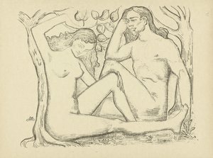 Adam i Ewa siedzą przy drzewie Nagi mężczyzna i kobieta L