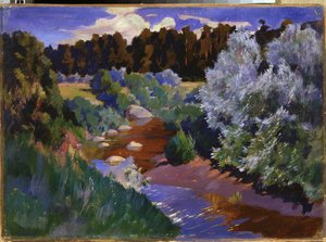 Krajobraz z rzeką. Obraz Arkadiego (Arkady) Aleksandrowicza Ryłowa (1870-1939), olej na płótnie. Sztuka rosyjska, koniec XIX-początek XX wieku. Państwowe Muzeum Rosyjskie w Sankt Petersburgu.