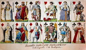 Francuskie postacie historyczne od Karola Wielkiego do Henryka IV. Od lewej do prawej i od góry do dołu: Hildegarda z Vintzgau (757-783), żona Karola Wielkiego; Karol Wielki (Charles I znany jako Karol Wielki 742-814); Rycerz Roland (lub Hroudland), markiz