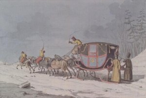 Koń i bryczka na saniach z „Zwyczajów i obyczajów Rosjan”