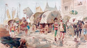Wozy konne pełne towarów i należące do Związku Hanzeatyckiego przybywają do portu, XVI w., 1886 r. autorstwa Armand Jean Heins