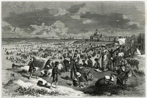 Plaża w Ostendzie. Grawer autorstwa A.Heinsa, ilustrujący historię „La Belgique” autorstwa Camille Lemonnier (1844-1913), pisarza i krytyka sztuki. Opublikowano w Tour du monde nowym czasopiśmie des voyages autorstwa Armand Jean Heins