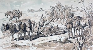 Woły ciągnące prymitywne sanie wyładowane kamieniami, 1886 autorstwa Armand Jean Heins