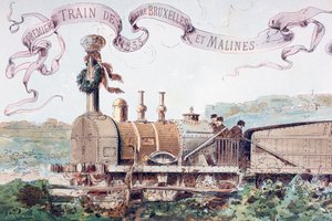 Zdjęcie z okazji pierwszego pociągu z Brukseli do Mechlina w 1835, 1886 r. autorstwa Armand Jean Heins