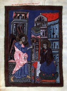 Zwiastowanie. Archanioł Gabriel odwiedza Dziewicę Maryję. Iluminacja mistrza Codex Matenadaran (XIII w.), miniatura, akwarela na pergaminie