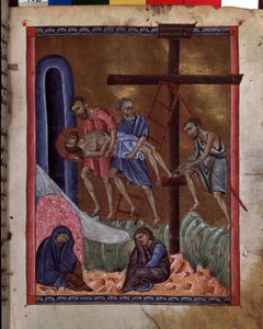 Osadzanie. Są reprezentowani: Św. Maria Magdalena, Dziewica Maryja, Jezus Chrystus, Józef z Arymatei, Św. Nikodem i Św. Jan. Iluminacja mistrza Codex Matenadaran (XIII w.), miniatura, akwarela na pergaminie