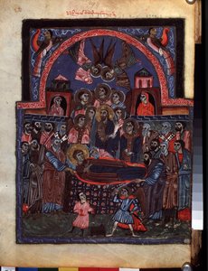 Zaśnięcie Dziewicy. (Zaśnięcie Dziewicy). Iluminacja mistrza Codex Matenadaran (XIII w.), miniatura, akwarela na pergaminie autorstwa Armenian School