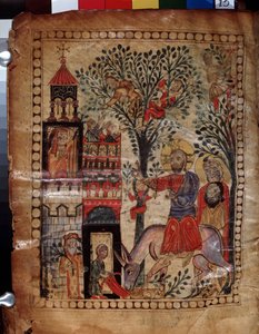 Wejście Chrystusa do Jerozolimy (Izrael). Iluminacja mistrza Codex Matenadaran (XIII w.), miniatura, akwarela na pergaminie