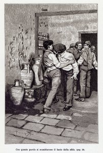 Zaproszenie na sycylijski pojedynek przez śmiertelnego „pocałunku”, właściwie ugryzienie w ucho. Ilustracja autorstwa Arnaldo Ferraguti do nowej „Cavalleria Rusticana” Giovanniego Vergi. 1897