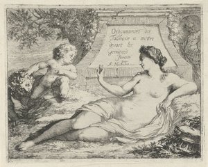 Wenus szpiegowana przez satyrę Ordonnances des tableaux a mettre devant les Gemineés (tytuł przedmiotu) Scena z grzesznymi posągami otwarta na służbę malarzy, posiadaczy posągów itp. (tytuł serii) autorstwa Arnold Houbraken