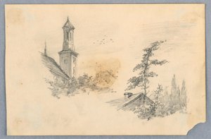 Szkic wieży kościelnej i dachu autorstwa Arnold William Brunner