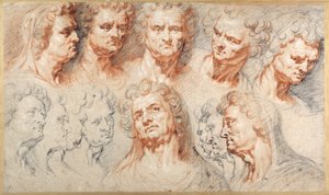 Trzynaście badań opartych na rzymskiej głowie cesarskiej (czarno-czerwone kredy z brązowym tuszem na białym papierze) autorstwa Arnold or Artus the Elder Quellin I
