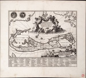 Mappa Aestivarum Insularum, alias Barmudas dictarum. Pojedynczy arkusz, rycina. autorstwa Arnoldus Montanus