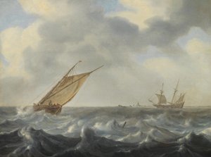 Kuter rybacki i dwumasztowiec na wzburzonym morzu w pobliżu wybrzeża autorstwa Arnoldus van Anthonissen