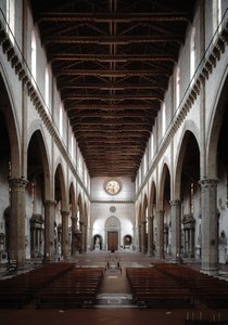 Renesans: widok wnętrza Bazyliki Santa Croce projektu Arnolfo di Cambio (1245-1302 / 1310) (Widok wnętrza Bazyliki santa croce) 1294 Bazylika Santa Croce, Florencja, Włochy autorstwa Arnolfo di Cambio