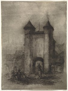 Widok na Helpoort w Maastricht od strony pola Porte du Jaer (tytuł na obiekcie) autorstwa Arnoud Schaepkens