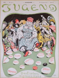 Taniec jajka, rysunek z Pierwszej Haskiej Konferencji Pokojowej, z niemieckiego magazynu Jugend, 29 lipca 1899 r. autorstwa Arpad Schmidhammer