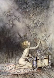 Otwarcie puszki Pandory, scena z Cudownej księgi, Nathaniel Hawthorne (kolor lito)