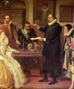 Dr William Gilbert 1544-1603 pokazuje swój eksperyment na elektryczność królowej Elżbiecie I i jej dworowi, fragment Gilberda, XIX-wieczny olej na płótnie autorstwa Arthur Ackland Hunt