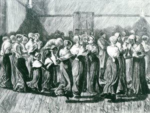 Shakers at a Meeting: the Religious Dance, ilustracja z The Graphic, opublikowanej 14 maja 1870 r. autorstwa Arthur Boyd Houghton
