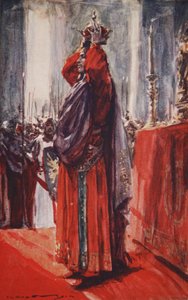 Dotarł do ołtarza, na którym leżała korona: podnosząc ją, położył na głowie, ilustracja z „Historii Niemiec” J.E. Marshall autorstwa Arthur C. (after) Michael