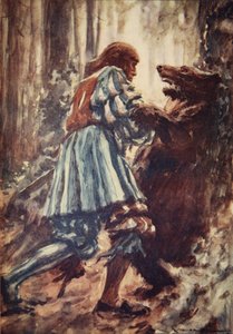 Pewnego razu, zaatakowany przez niedźwiedzicę, udusił ją gołymi rękami, ilustracja z „Historii Niemiec” J.E. Marshall