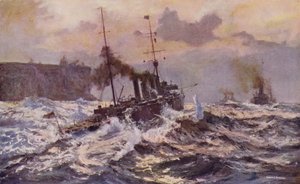 Okręty wojenne australijskiej marynarki wojennej opuszczające port w Sydney (kolor lito) autorstwa Arthur C. Burgess