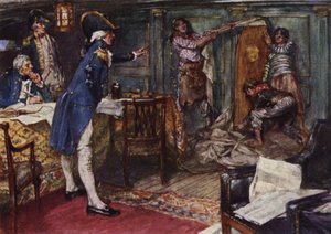 Nelson kładzie trumnę podarowaną mu przez kapitana Hallowell przy grodzi jego kabiny