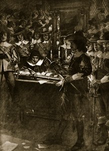 Strafford odkładający szablę w Izbie Gmin, ilustracja z "Historii narodu brytyjskiego" Hutchinsona, ok. 1920 r. autorstwa Arthur David McCormick