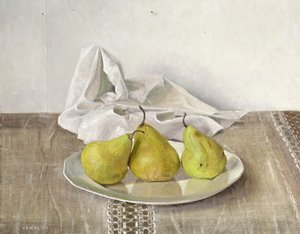 Trzy gruszki na talerzu, Martwa natura, 1990 autorstwa Arthur Easton