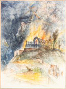 Budowla kościelna w płomieniach, a nad nią demony autorstwa Arthur Frederick Payne