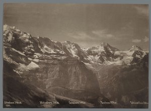 Widok na Silberhorn, Mittaghorn, Grosshorn, Breithorn i Tschingelhorn w Alpach Berneńskich Panorama sieci Jungfrau (tytuł serii)