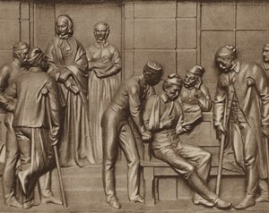 Florence Nightingale odwiedzająca pacjentów, ulga w szpitalu Woolwich, Londyn (zdjęcie czarno-białe) autorstwa Arthur George Walker