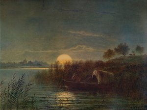 Scena rzeczna autorstwa Moonlight, z łodzią, 1879, 1935